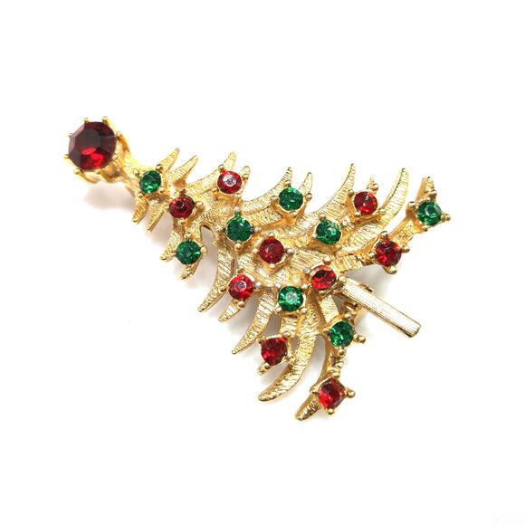Vintage Christmas Tree Brooch, 1960s Gold Plated Holiday Pin - Picture 8 of 10